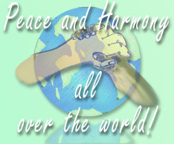 Zwei gezeichnete Haende unterschiedlicher Farbe reichen sich ueber dem Globus die Hand. Peace and Harmony all over the World als Aufschrift - Symbol fuer die internationale Verbundenheit und Konnektivitaet von Lunatummalaziepatienten